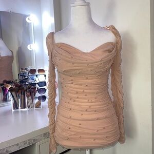 Pearl Sweetheart Mesh Long Sleeve Dress